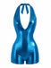 Glänzender blauer Jumpsuit mit Neckholder-Design auf weißem Hintergrund