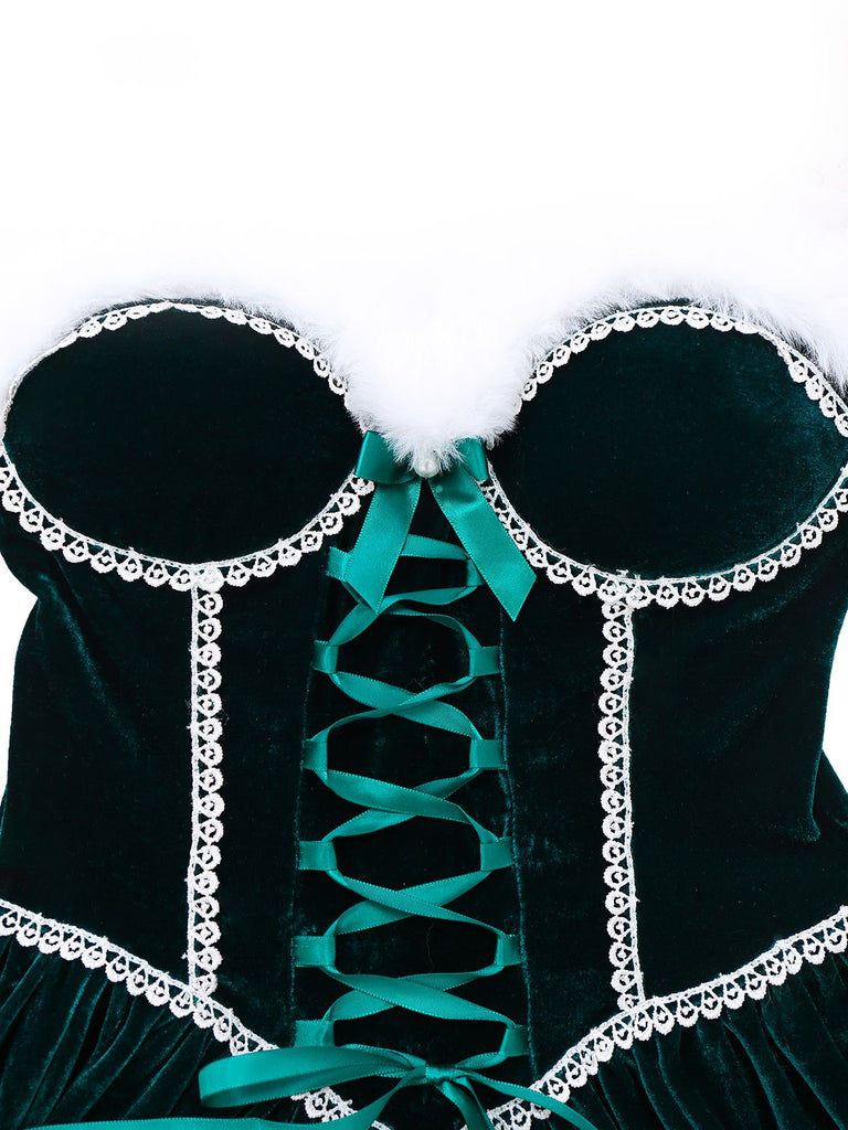 Grün 1960er Samt Trägerloses Schnürung Mini Kleid