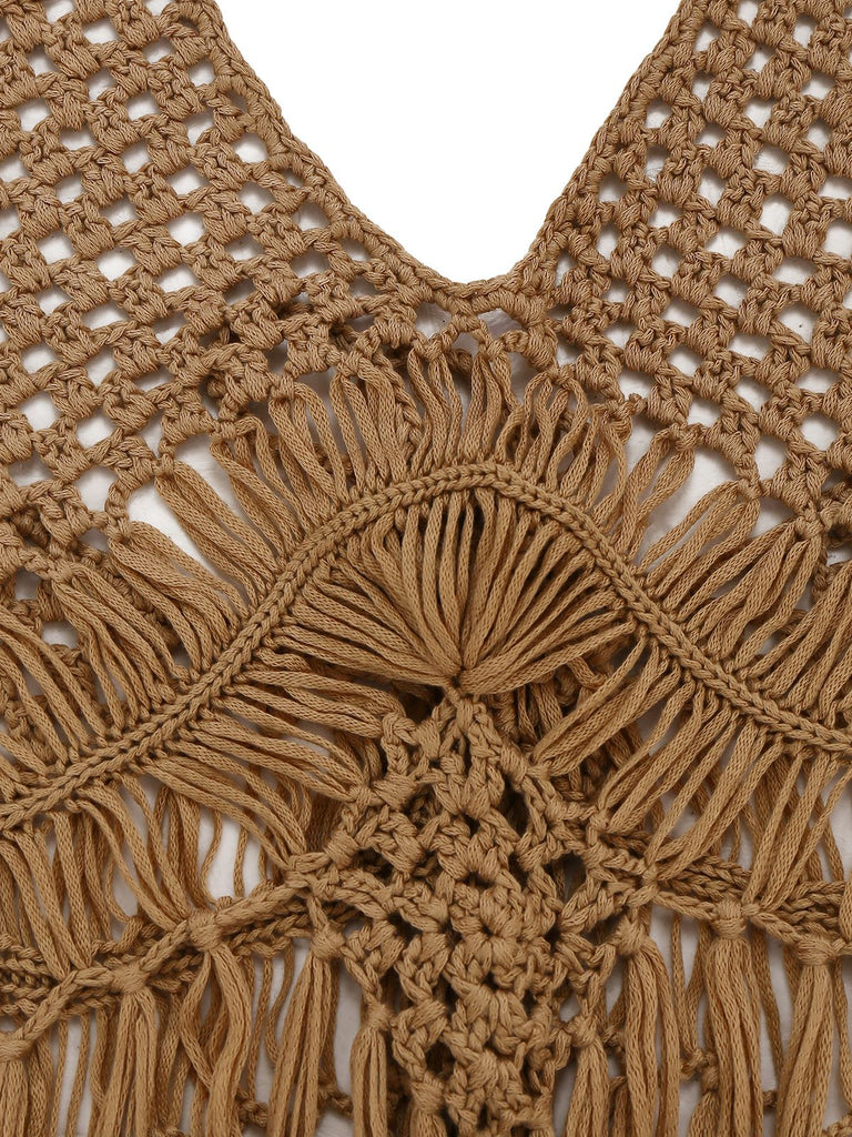 1960er Häkeln Fransen Cutout Halter Bikini Cover-Up