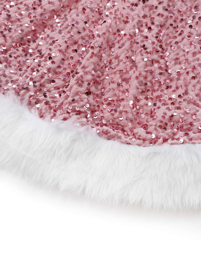 Rosa 1960er Weihnachten Fell Pailletten Trägerlos Kleid