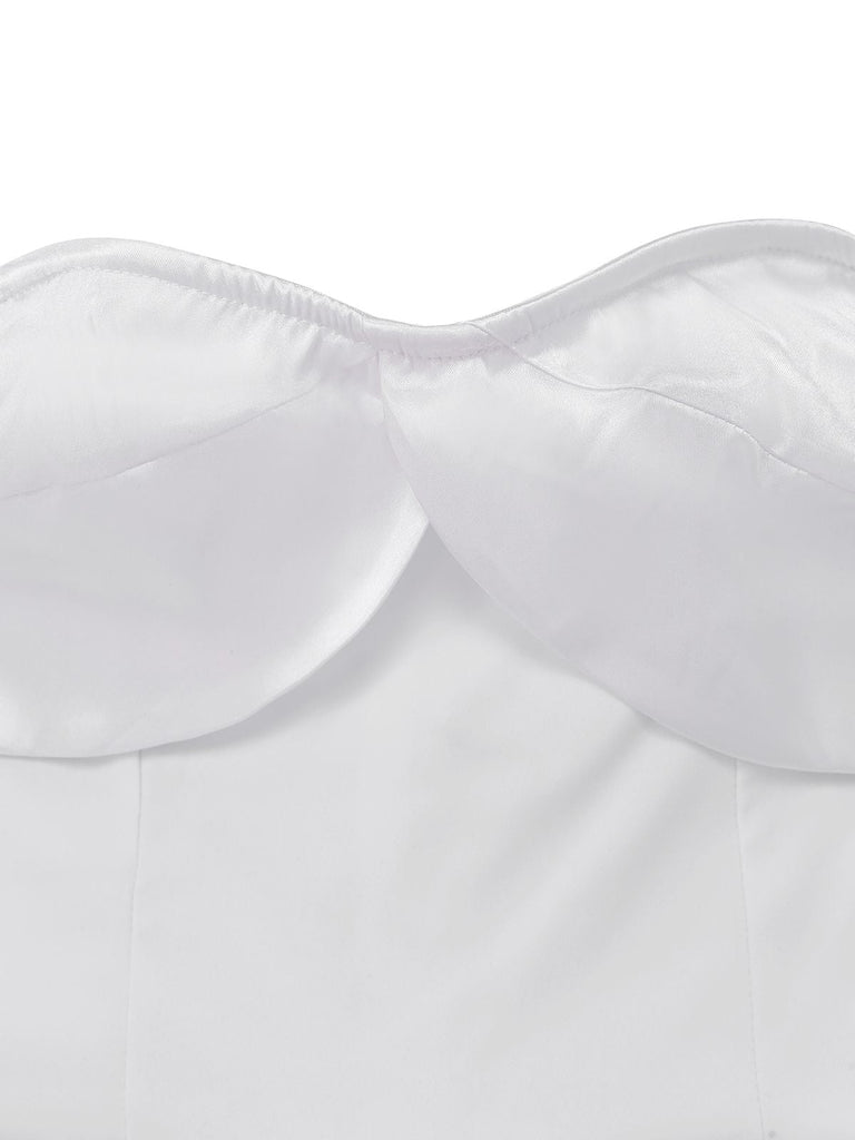 1970er Boho Trägerloses Solide Plissiertes Rüschen Jumpsuit