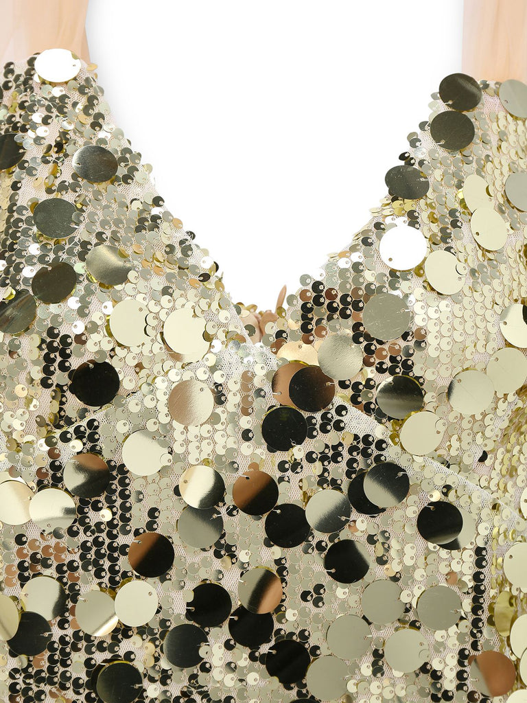 1980er Tief V-Ausschnitt Netz Pailletten Schnürung Kleid