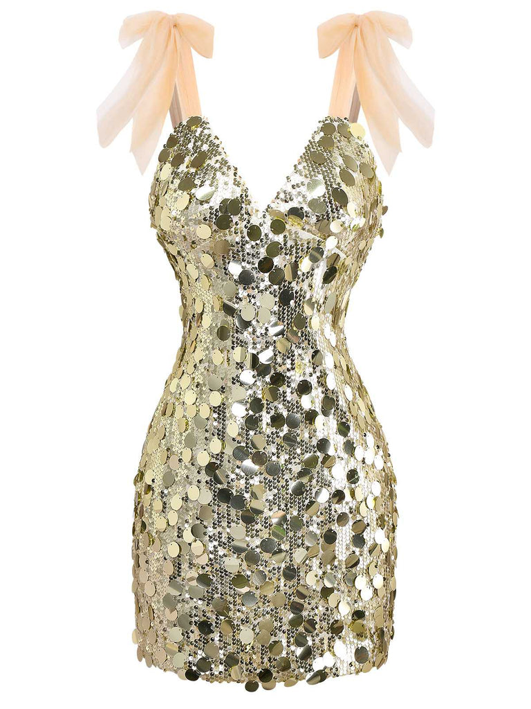 1980er Tief V-Ausschnitt Netz Pailletten Schnürung Kleid