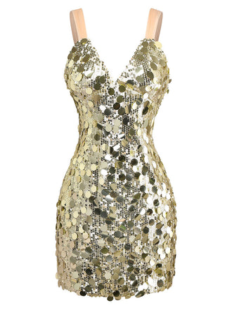 1980er Tief V-Ausschnitt Netz Pailletten Schnürung Kleid