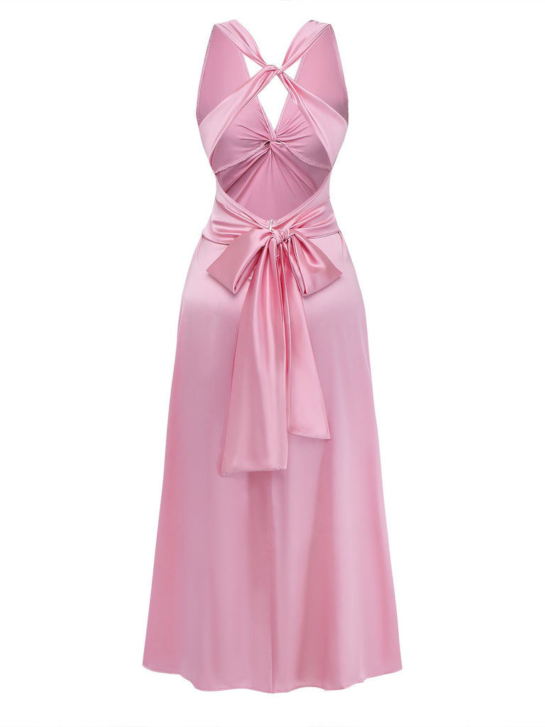 Rosa 1930er Satin V-Ausschnitt Twist Midi Kleid