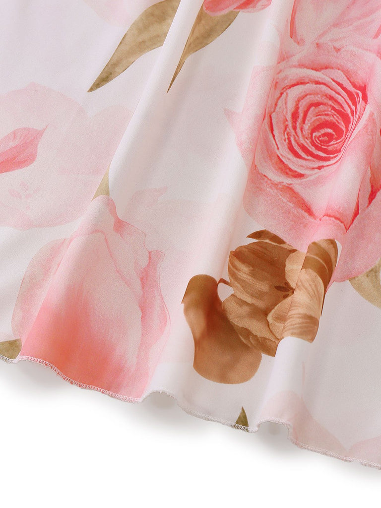 Rosa 1950er Blumen Druck V-Ausschnitt Puffärmel Maxi Kleid