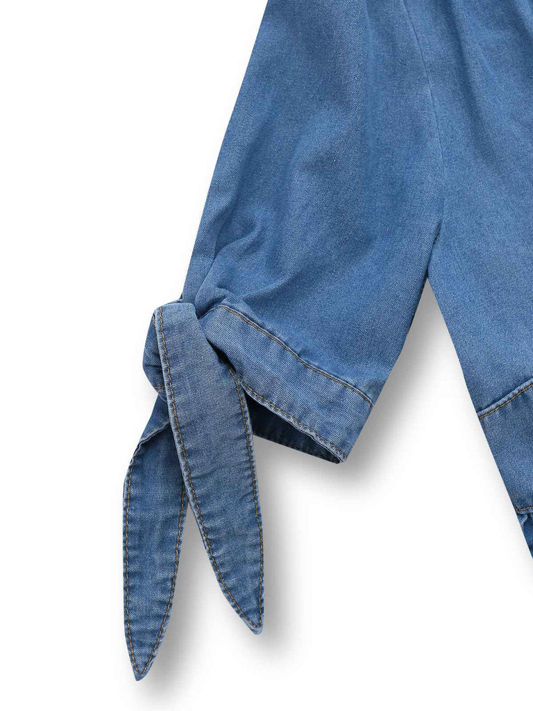 Blau 1940er V-Ausschnitt Knotenmanschette Denim Kleid