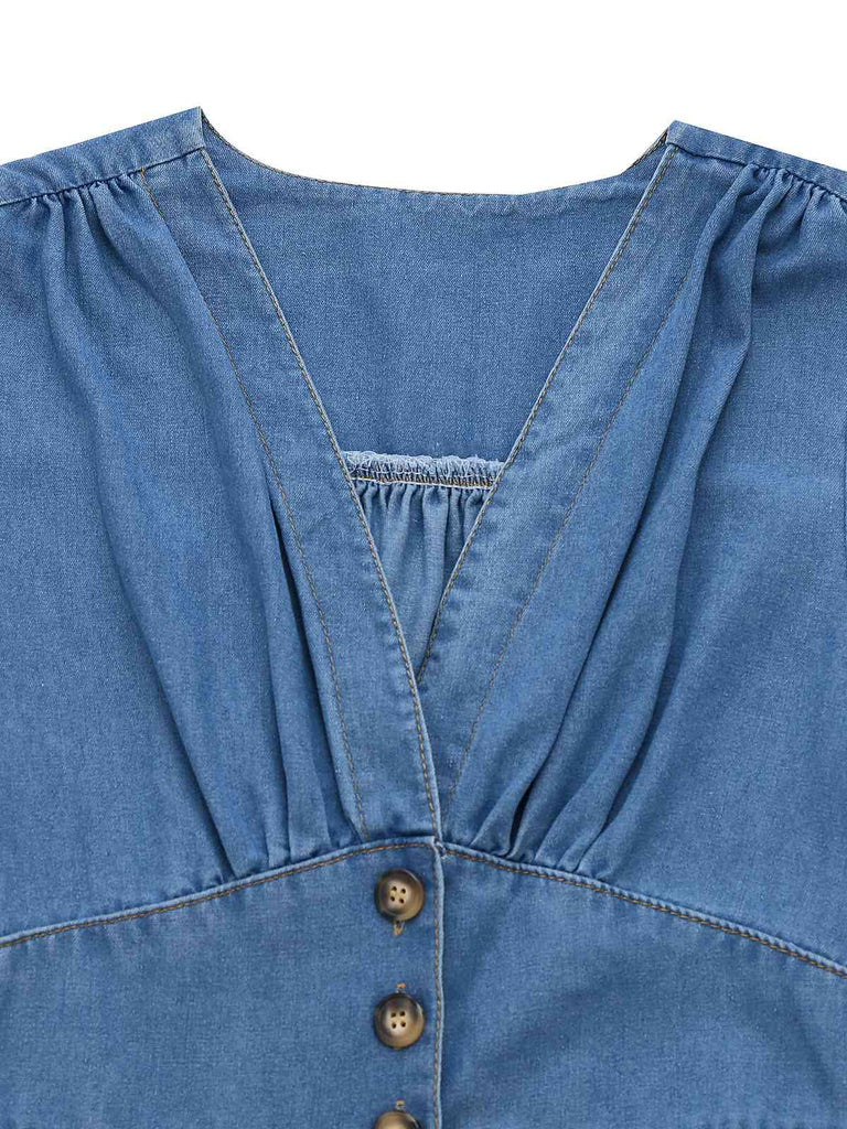 Blau 1940er V-Ausschnitt Knotenmanschette Denim Kleid