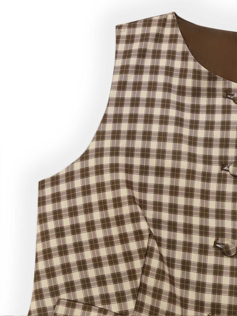 2PCS Braun 1960er Gingham Plaid Plissiertes Weste & Rock