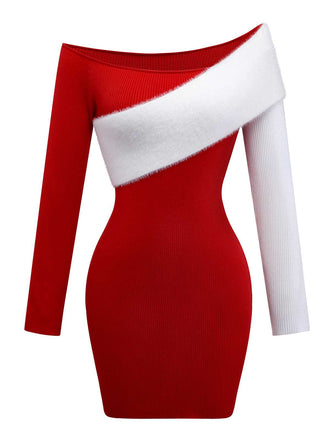 1960er Schulterfrei Farbblock Enges Kleid