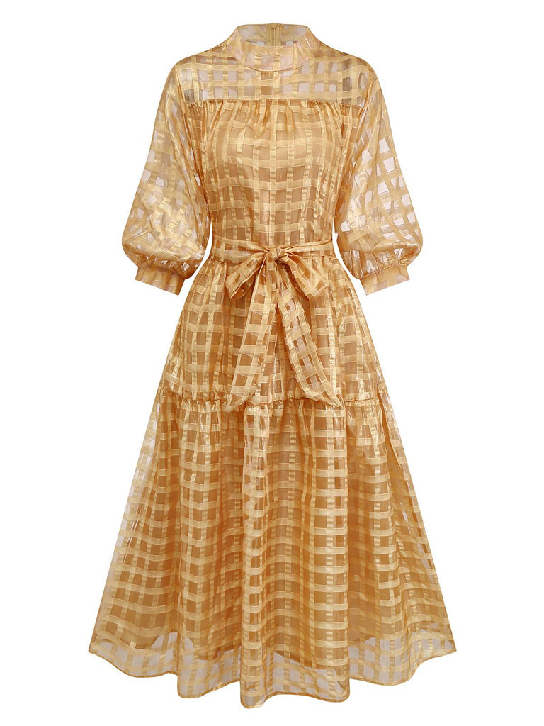 Gold 1940er Sheer Grid Puffärmel Gürtel Midi Party Kleid