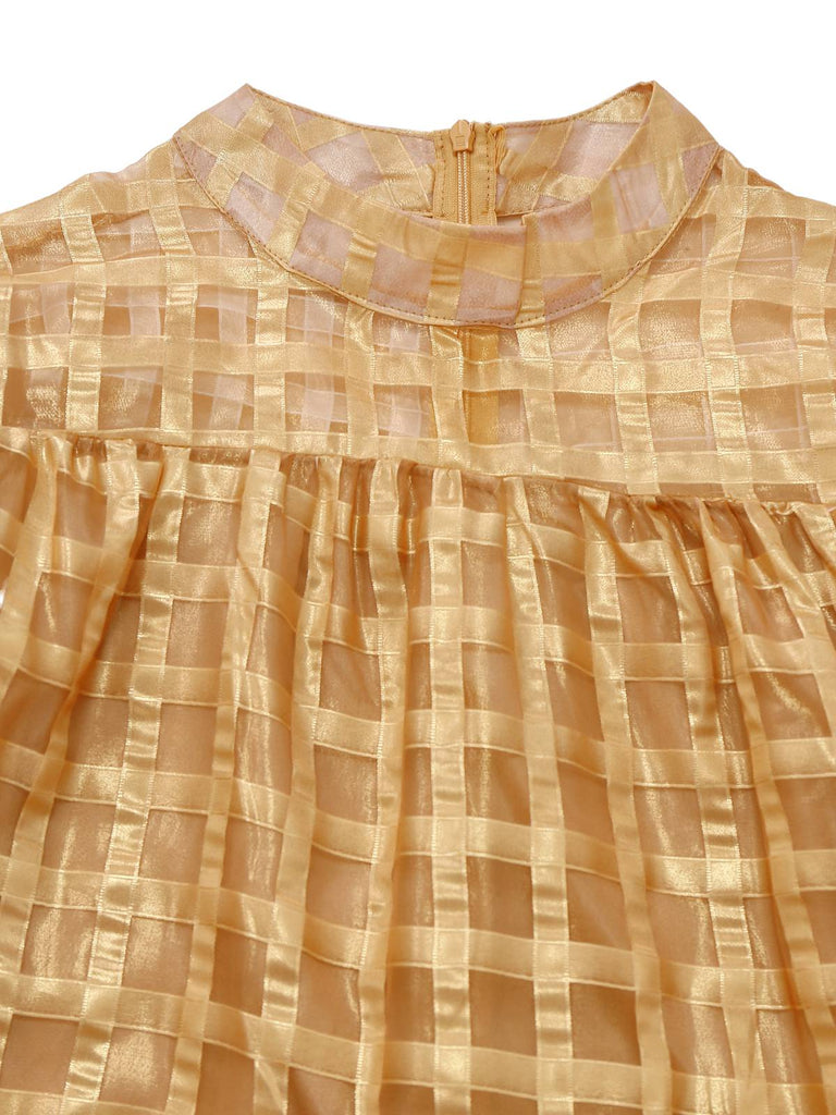 Gold 1940er Sheer Grid Puffärmel Gürtel Midi Party Kleid