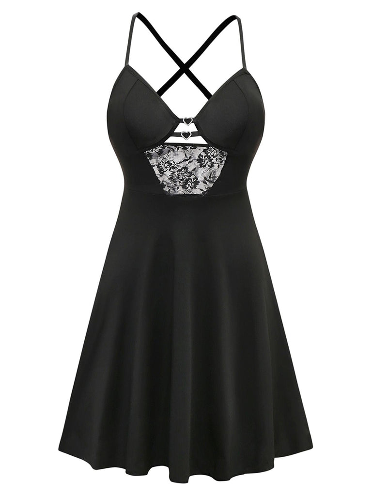 Schwarz 1950er Solide Spitze Strappy Nachthemd