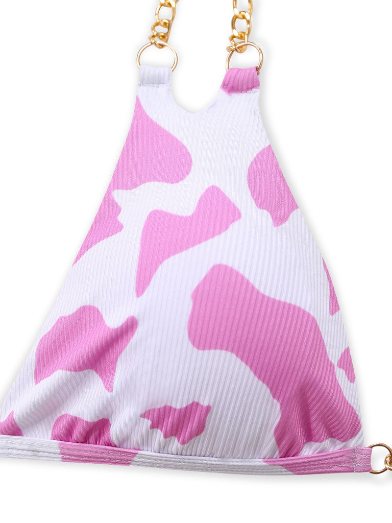 1970er Gerippte Kuh Muster Ketten Halter Bikini Set