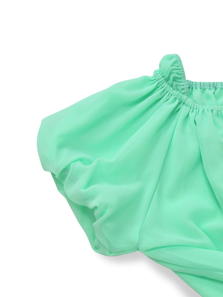 Grün 1970er Spitze Puffärmel Babydoll Kleid