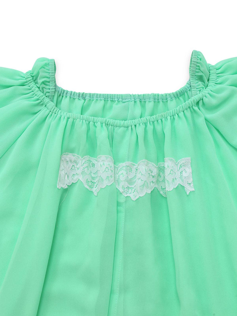Grün 1970er Spitze Puffärmel Babydoll Kleid