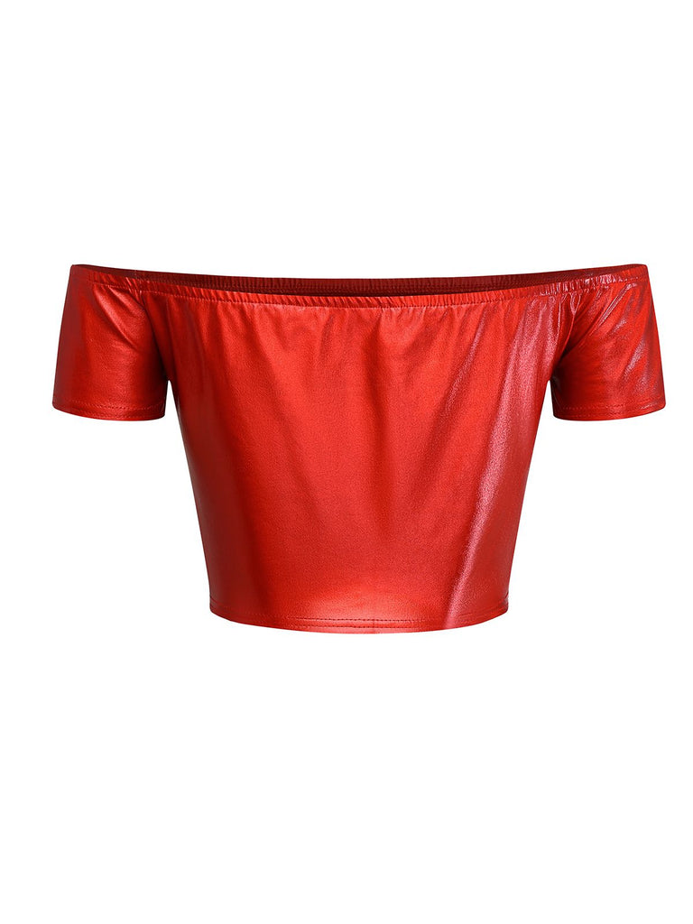 1970er Disco Metallisch Schulterfrei Kurzarm Top