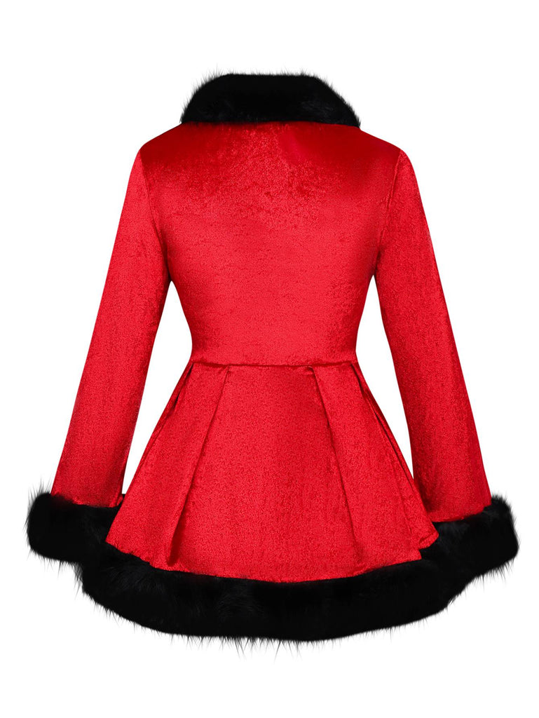 Rot 1970er Weihnachten Pelzbesatz Schnürung Samt Kleid