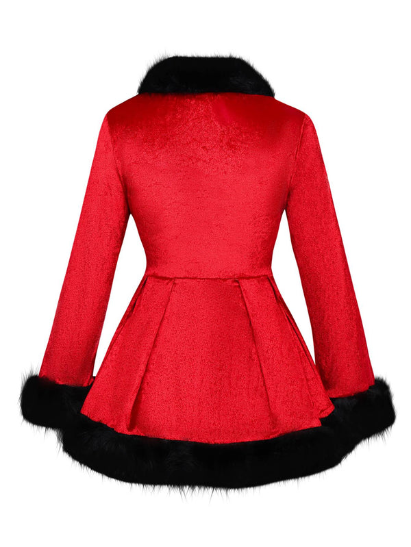 Rot 1970er Weihnachten Pelzbesatz Schnürung Samt Kleid