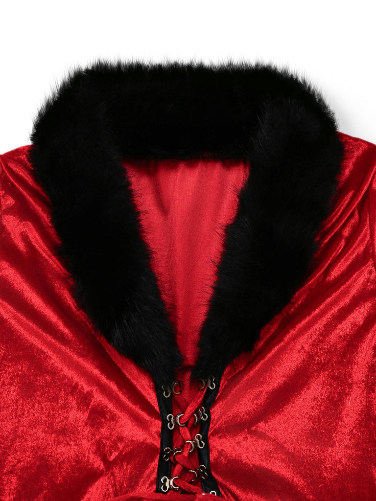 Rot 1970er Weihnachten Pelzbesatz Schnürung Samt Kleid