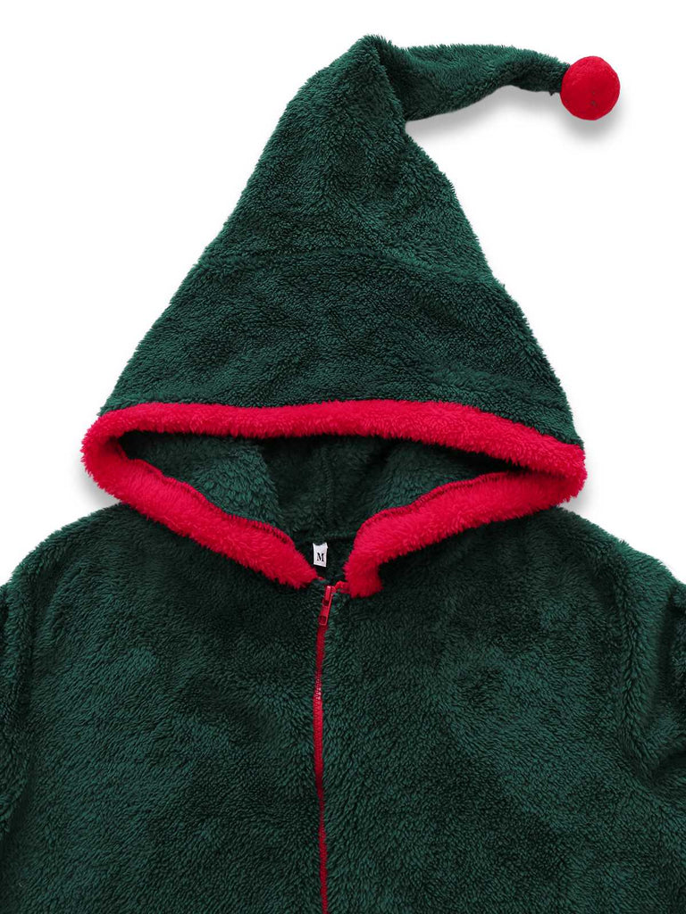 Grün 1970er Weihnachten Sherpa Hooded Jumpsuit Pyjama
