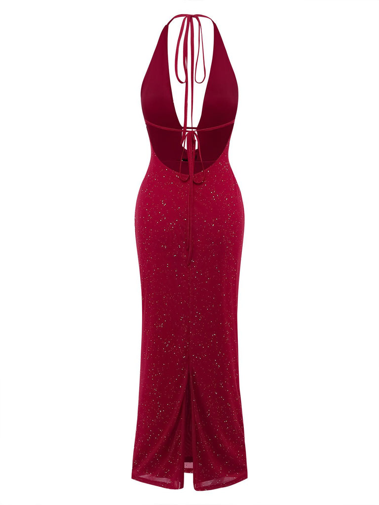1980er Rückenfreies Glitzer Wasserfallkragen Halter Schlitz Maxi Kleid