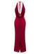 1980er Rückenfreies Glitzer Wasserfallkragen Halter Schlitz Maxi Kleid