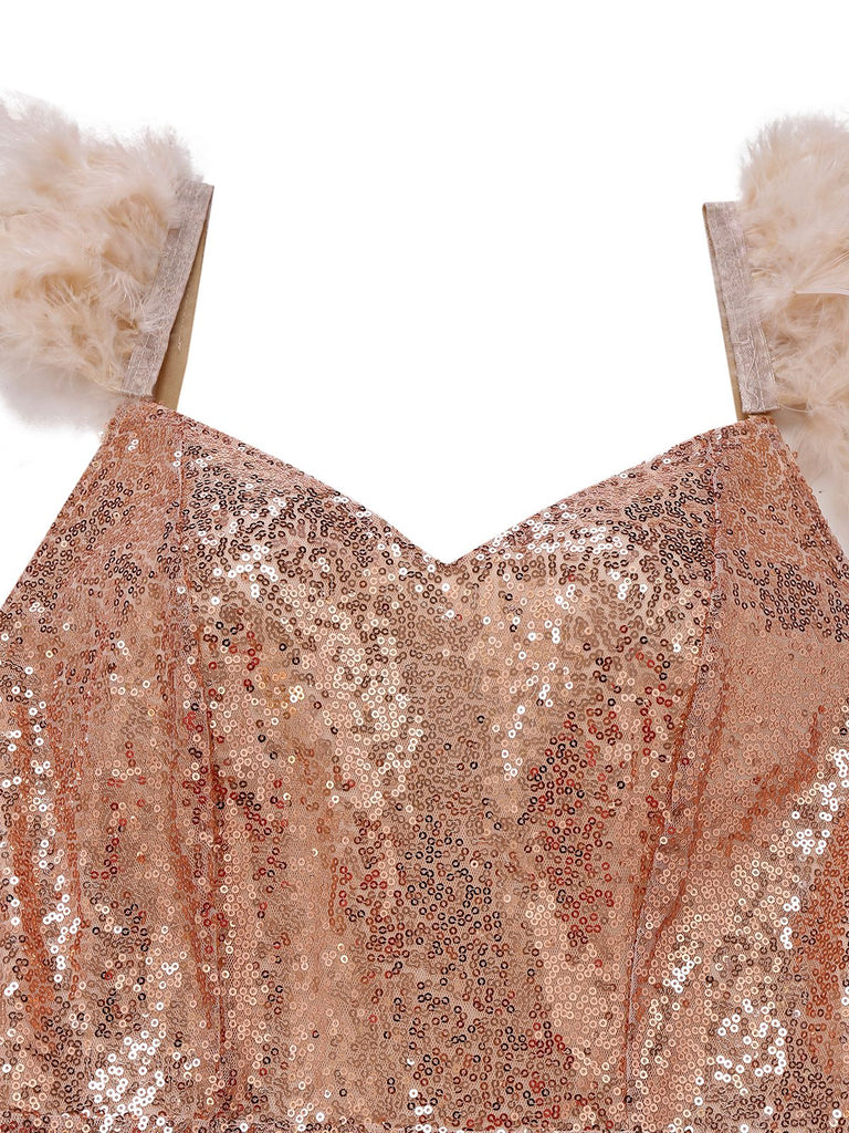 1930er V-Ausschnitt Feder Träger Hoch Schlitz Pailletten Kleid