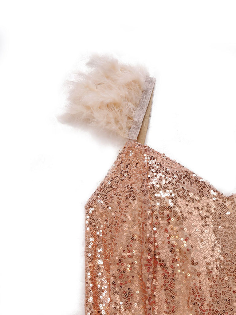 1930er V-Ausschnitt Feder Träger Hoch Schlitz Pailletten Kleid