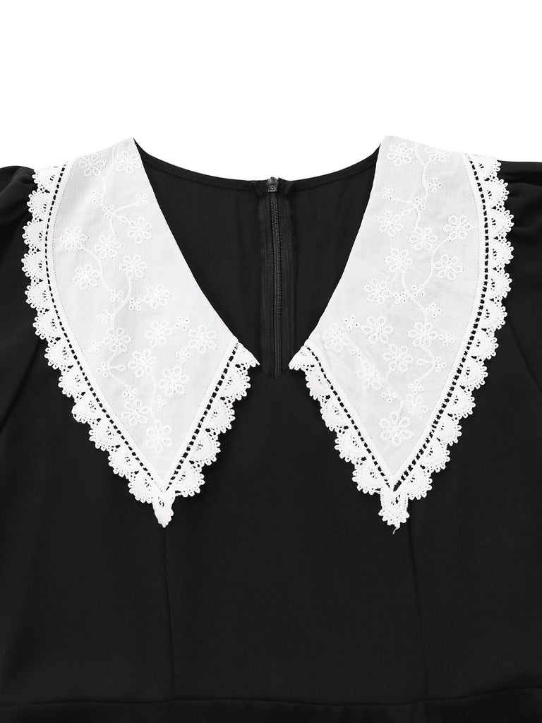 Schwarz 1960er Spitze Kragen Puffärmel Kleid
