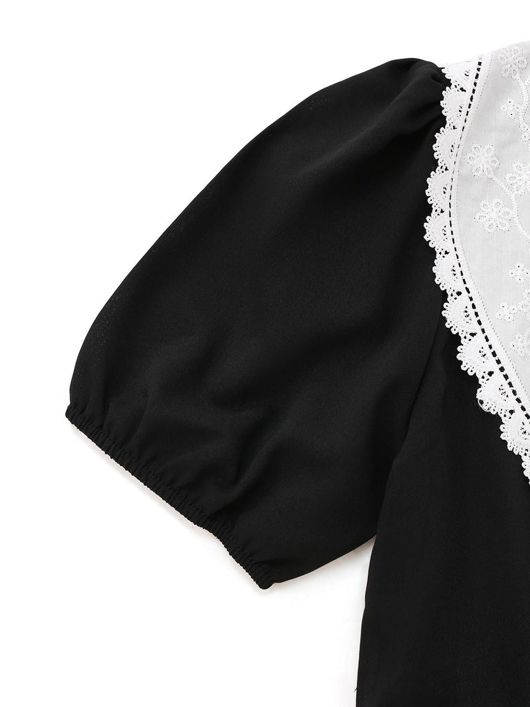 Schwarz 1960er Spitze Kragen Puffärmel Kleid
