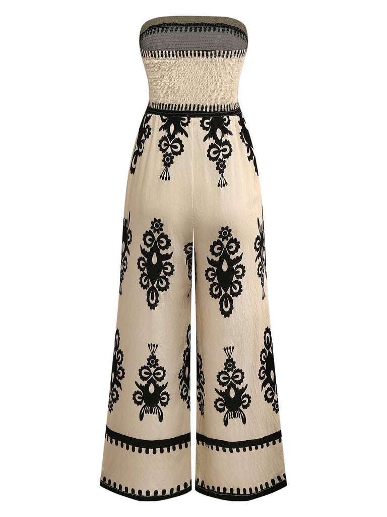 Aprikose 1970er Boho Trägerlos Gesmokt Jumpsuit