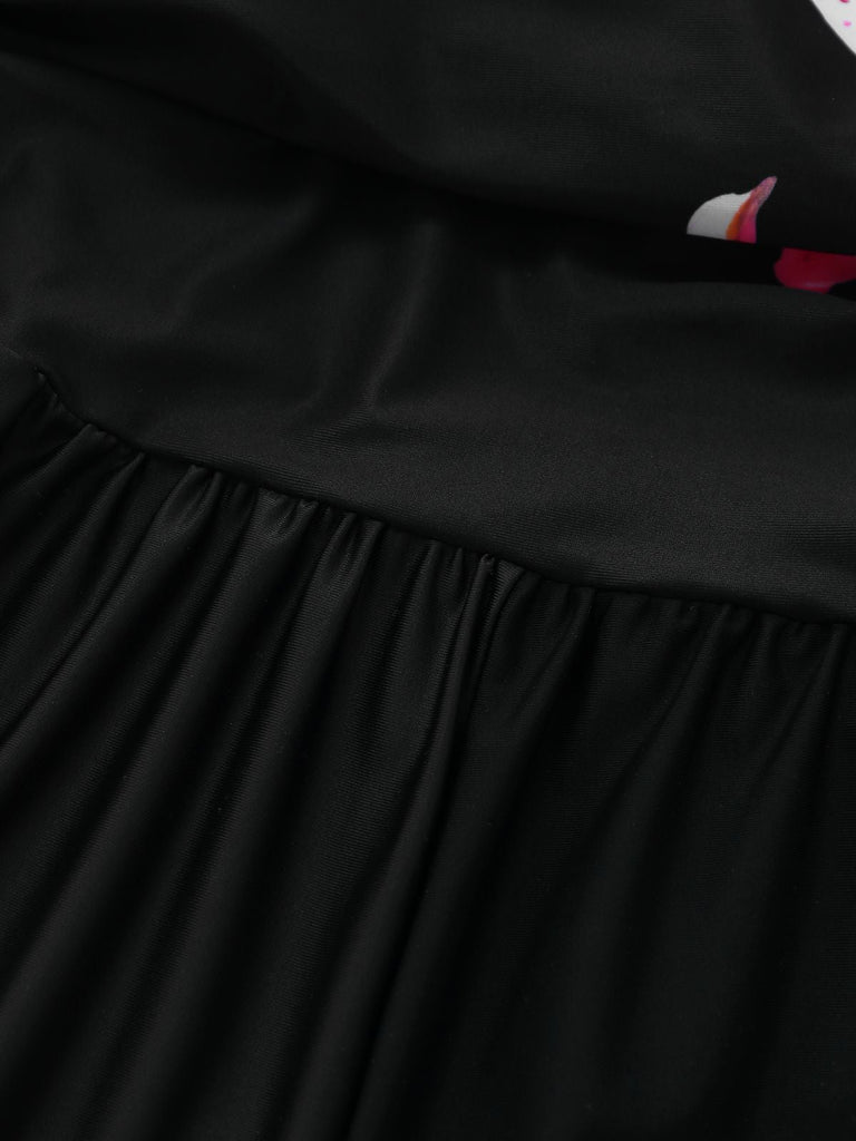 Schwarz 1940er Blumen Einteiliger Badeanzug