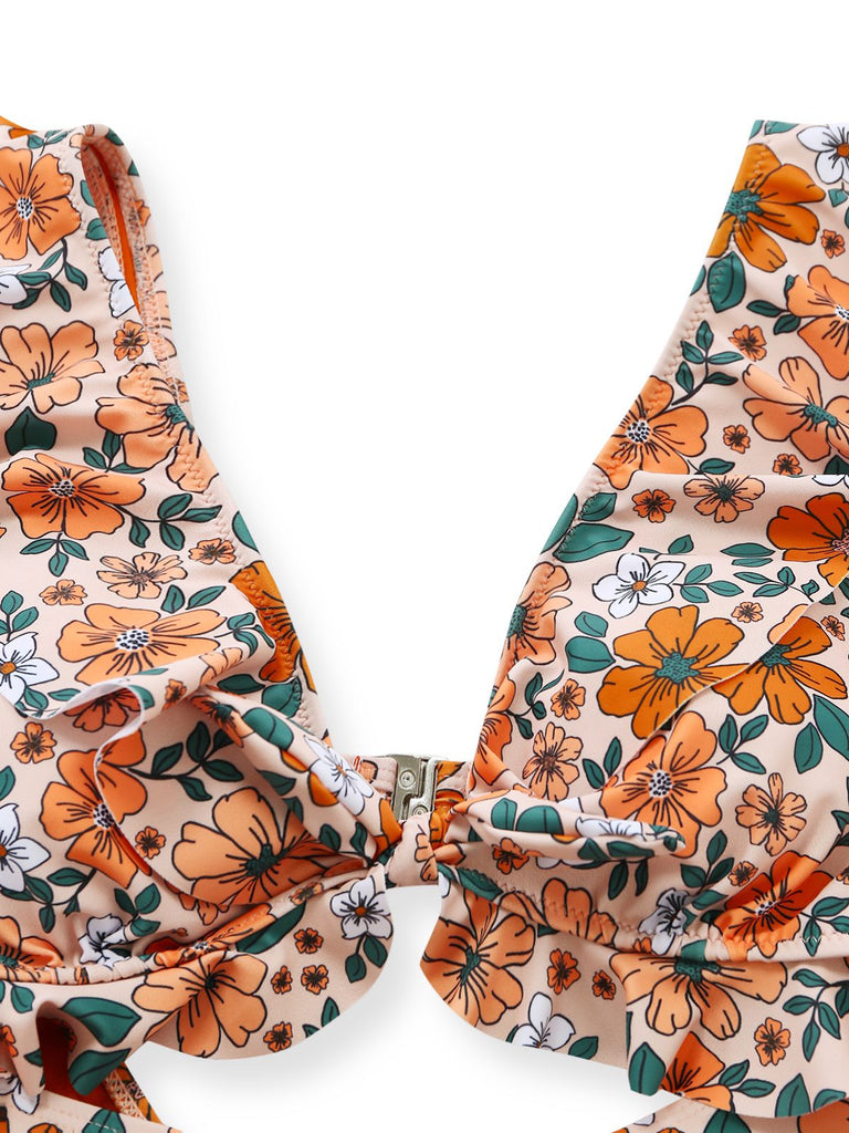 1930er Blumen Rüschen Cutout Einteiliger Badeanzug