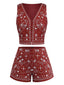 2PCS Dunkelrot 1970er Stickerei Boho Weste & Shorts
