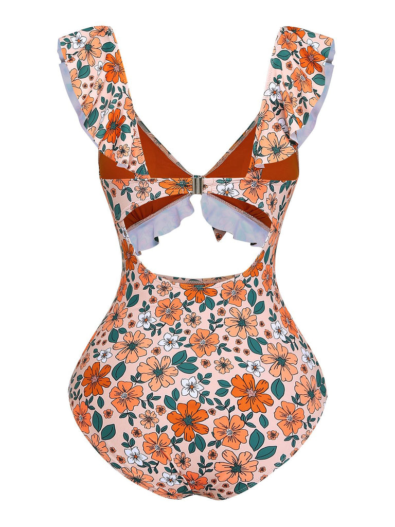 1930er Blumen Rüschen Cutout Einteiliger Badeanzug