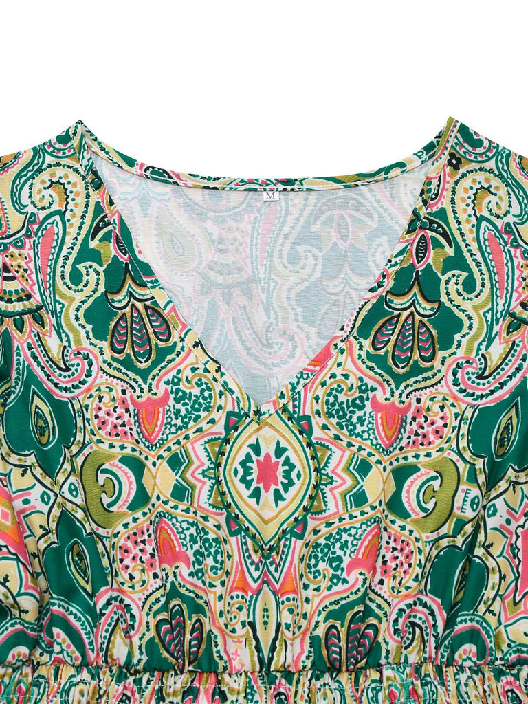 Grün 1970er V-Ausschnitt Paisley Rüschenärmel Kleid
