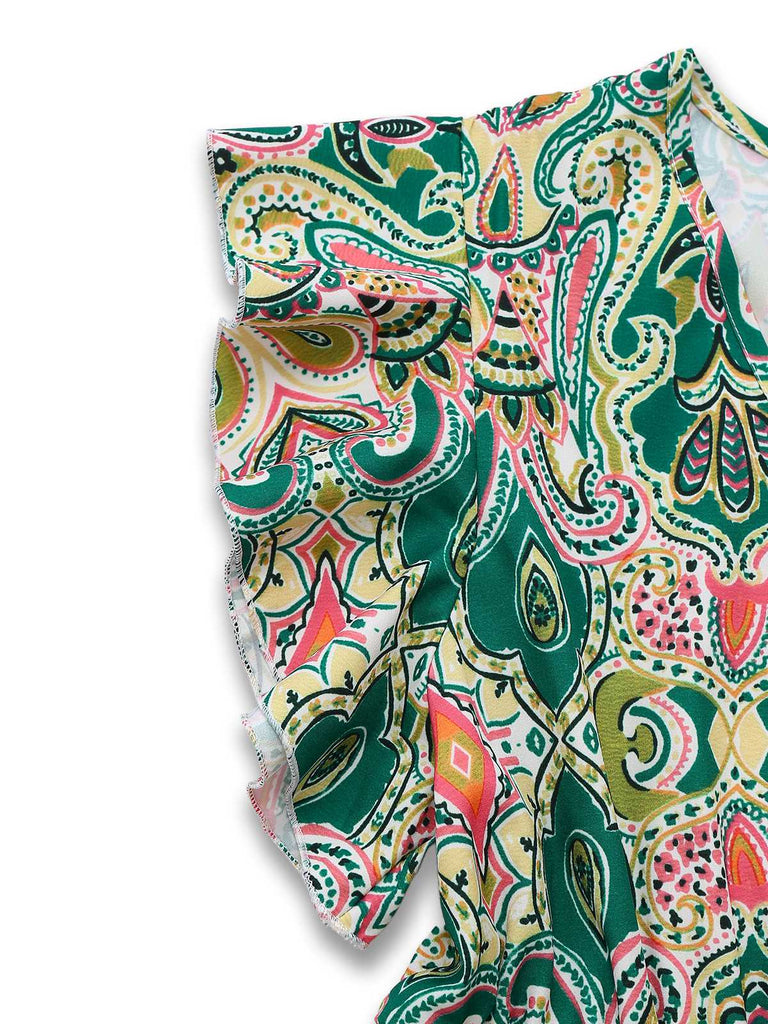 Grün 1970er V-Ausschnitt Paisley Rüschenärmel Kleid
