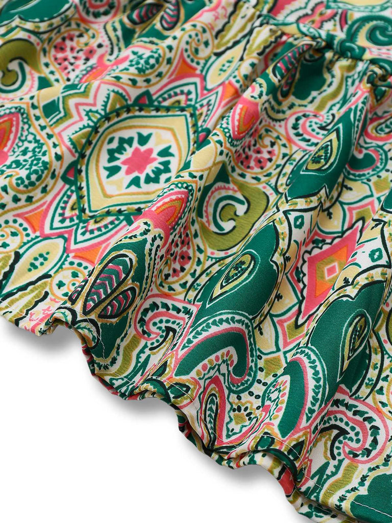 Grün 1970er V-Ausschnitt Paisley Rüschenärmel Kleid