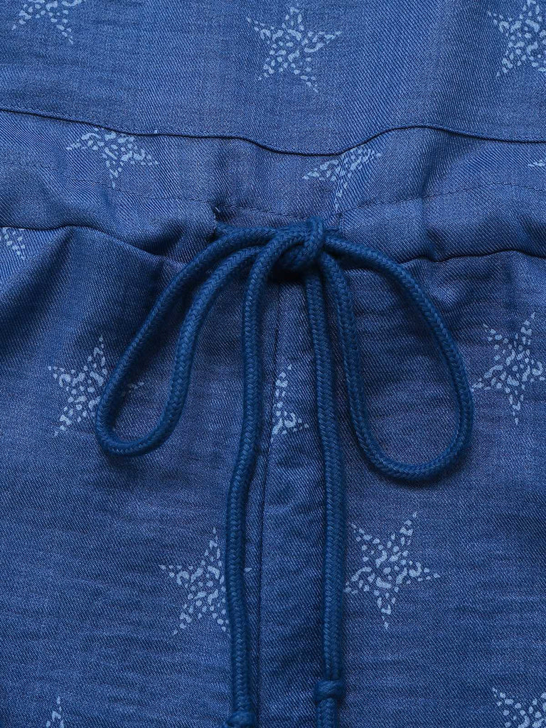 Blau 1970er Boho Sternmuster Jumpsuit