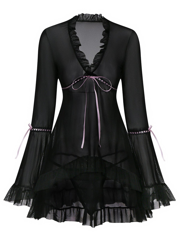 Schwarz 1970er Bogen Rüsche Durchsichtig Nachthemd