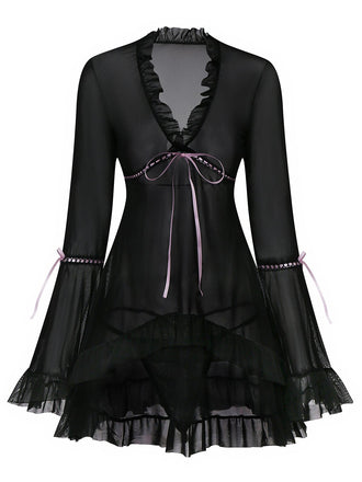 Schwarz 1970er Bogen Rüsche Durchsichtig Nachthemd