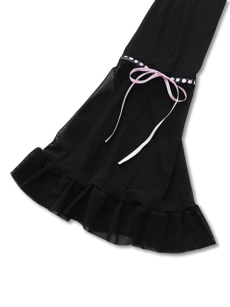 Schwarz 1970er Bogen Rüsche Durchsichtig Nachthemd