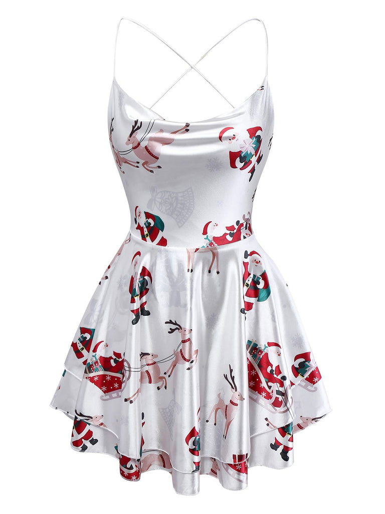 Weiß 1960er Weihnachten Stain Lagen Rückenfrei Träger Kleid