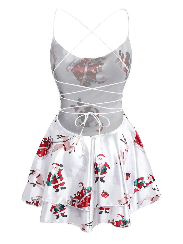 Weiß 1960er Weihnachten Stain Lagen Rückenfrei Träger Kleid