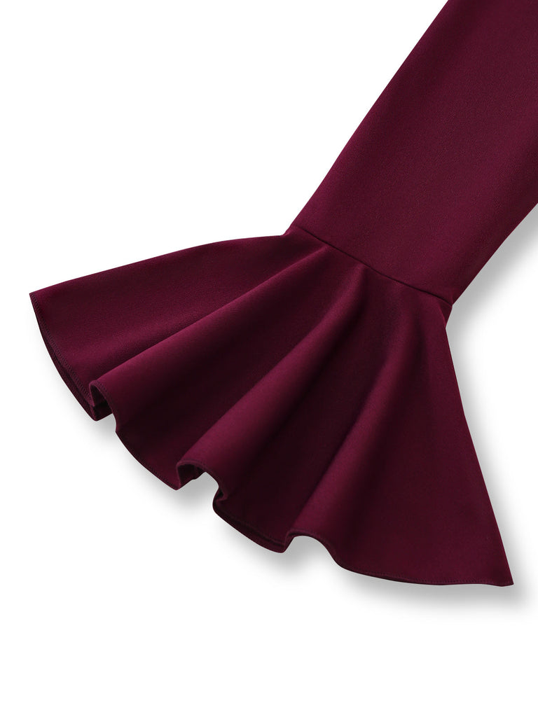 1930er Solide Schulterfrei Plissiertes Glockenärmel Kleid