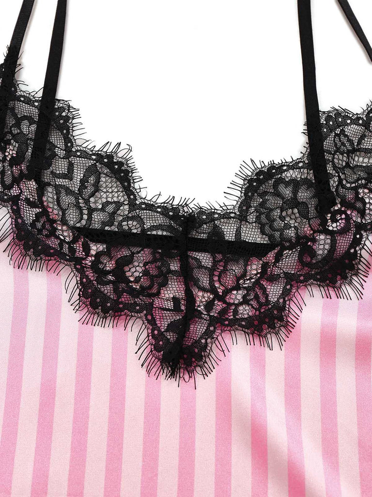 Rosa 1930er Träger Streifen Spitze Pyjama Set