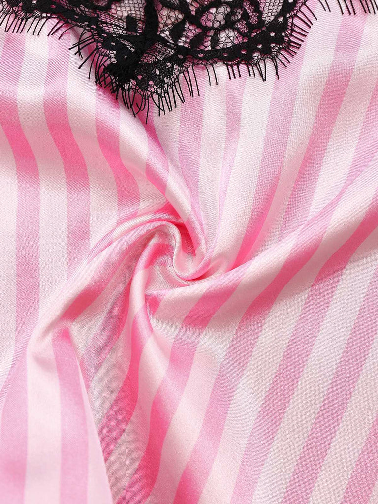 Rosa 1930er Träger Streifen Spitze Pyjama Set