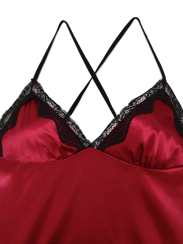 1960er Spaghetti Träger Satin Spitze Nachthemd