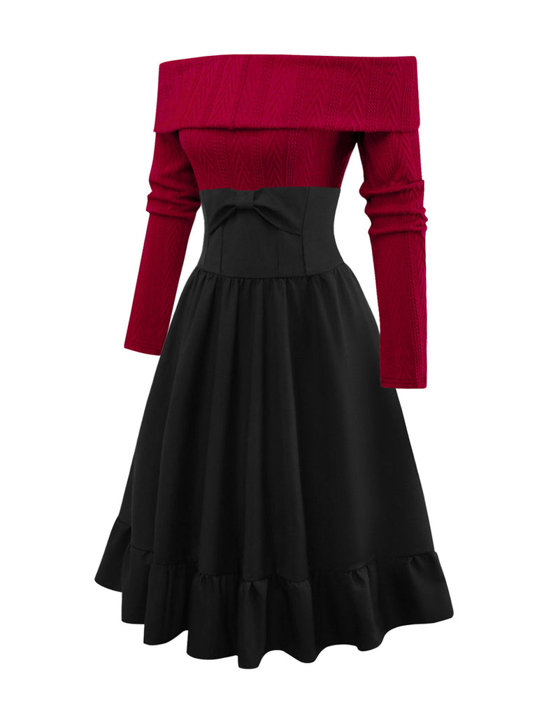 2PCS 1950er Schulterfrei Stricken Pullover & Bogen Rock